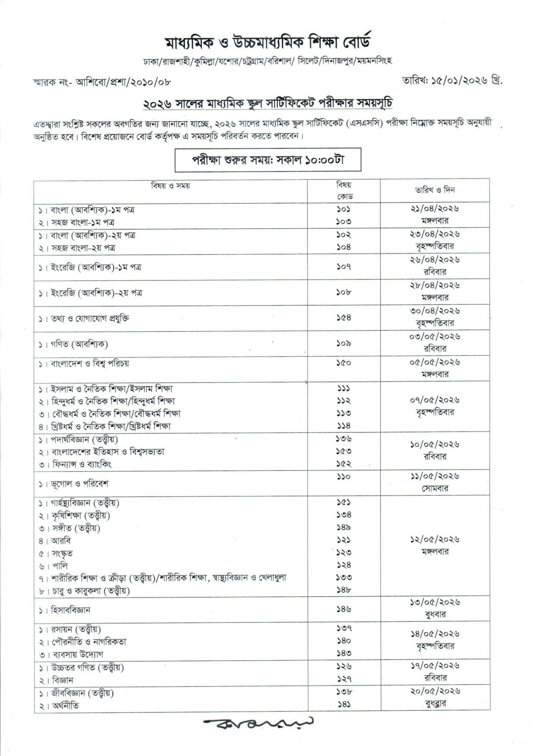 SSC Exam Routine 2026 Page 01
